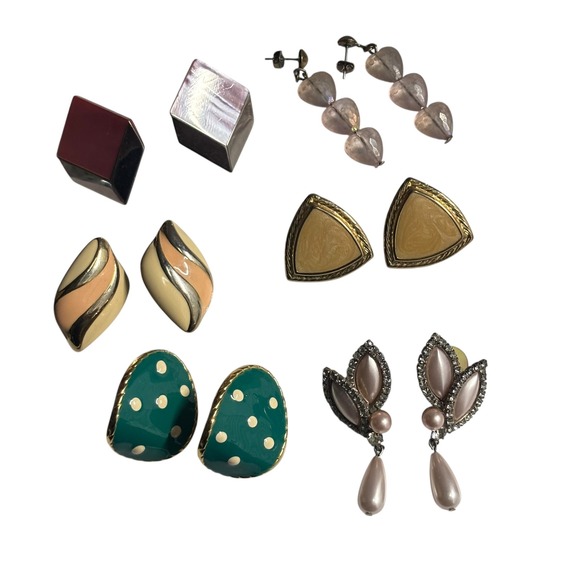 Jewelry - Vintage Earring Lot 6 Pairs Geometric Enamel Faux Pearl Rhinestone 80s 90s Retro